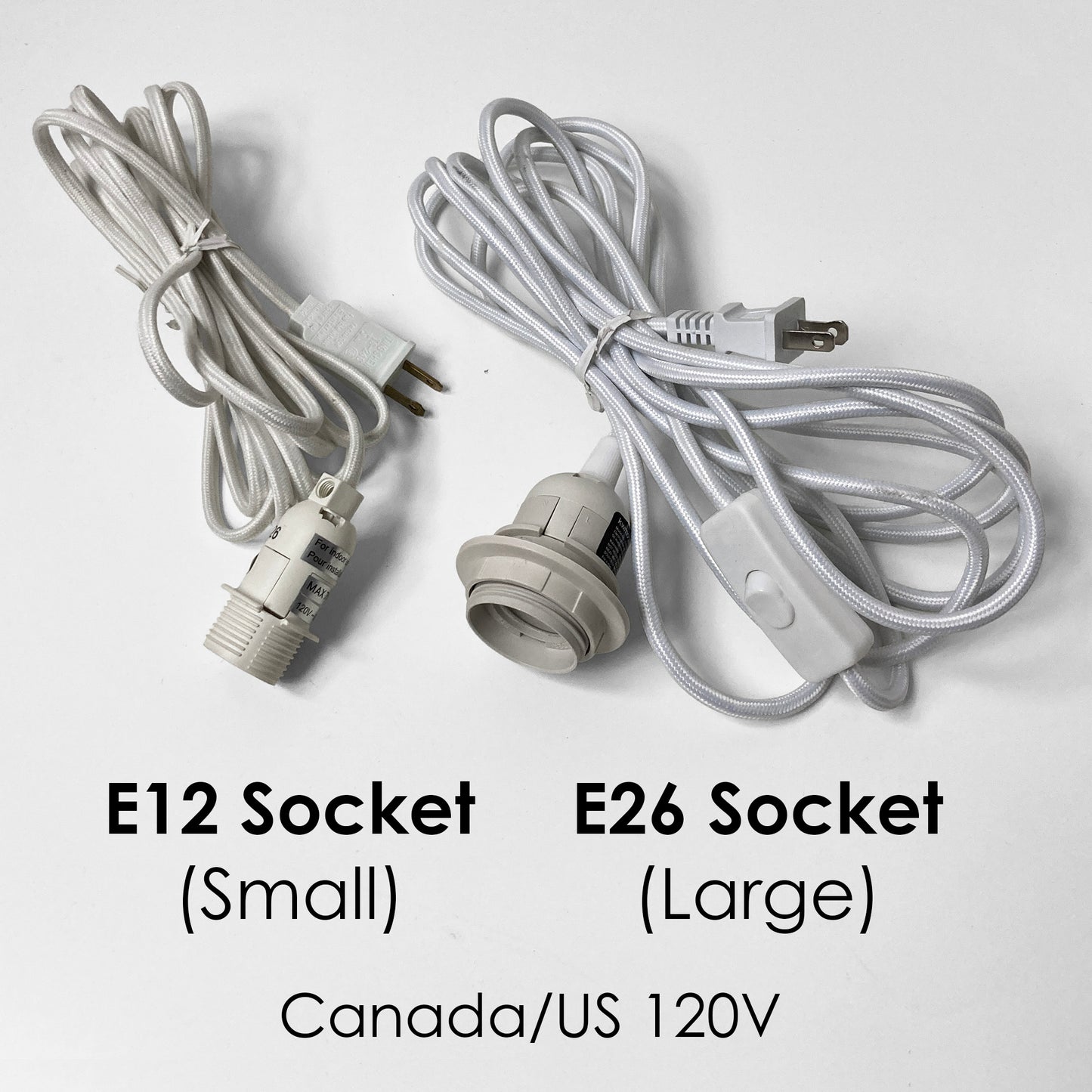 E12 and E26 light socket cords with inline switches displayed on a plain white background.