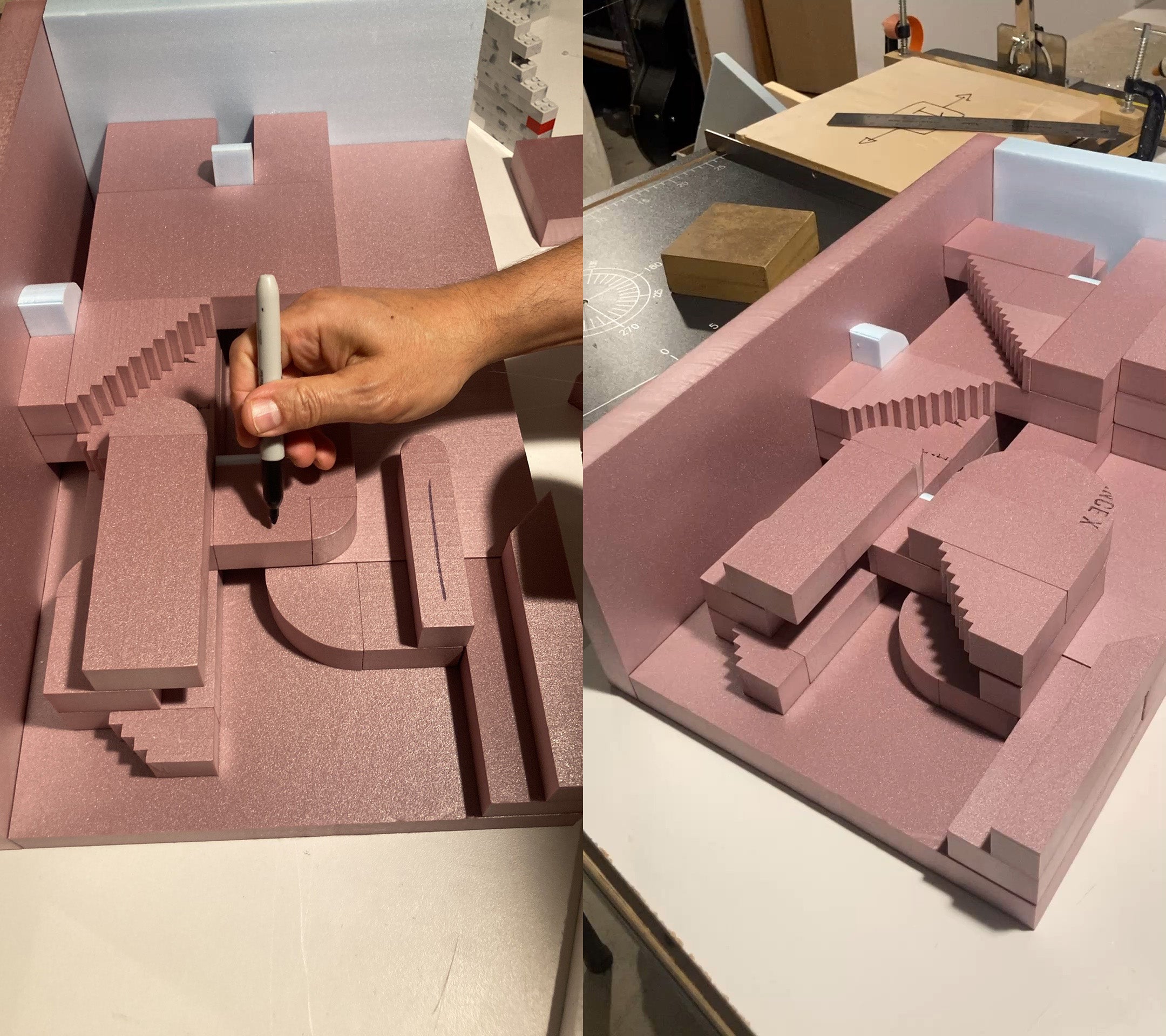 A split-view photo showing the assembly of a pink foam architectural waste mold model.
