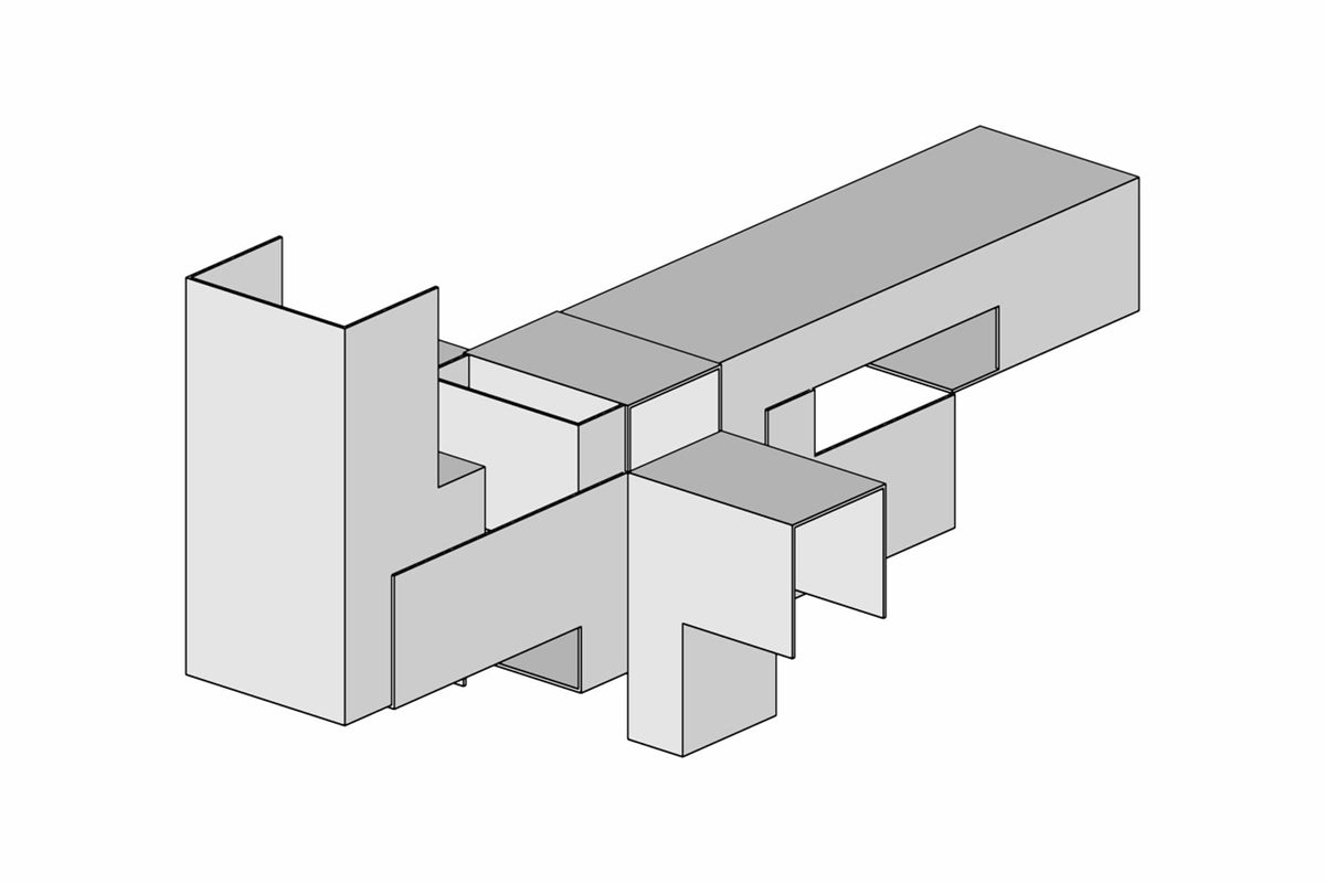 Technical drawing of a geometric structure with intersecting lines on a white background