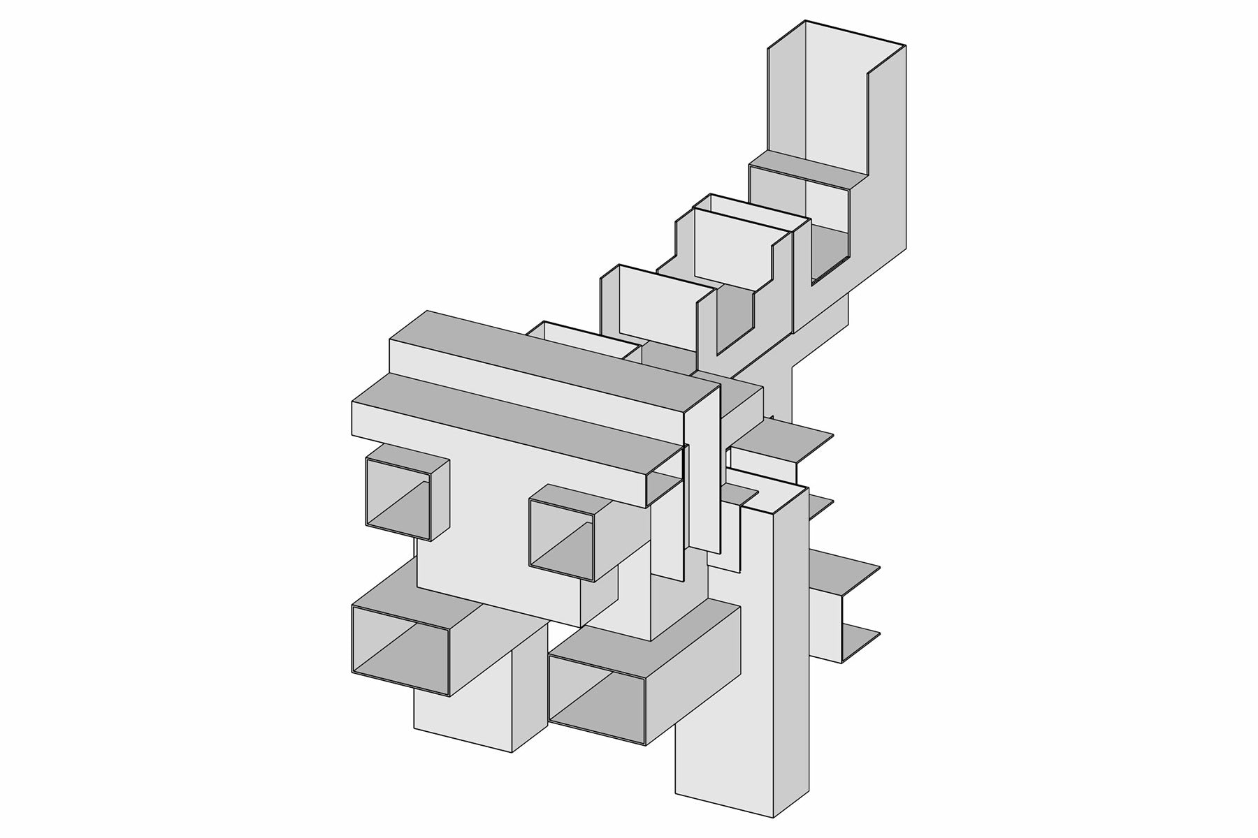 3D geometric shape made of interlocking rectangular blocks on a white background