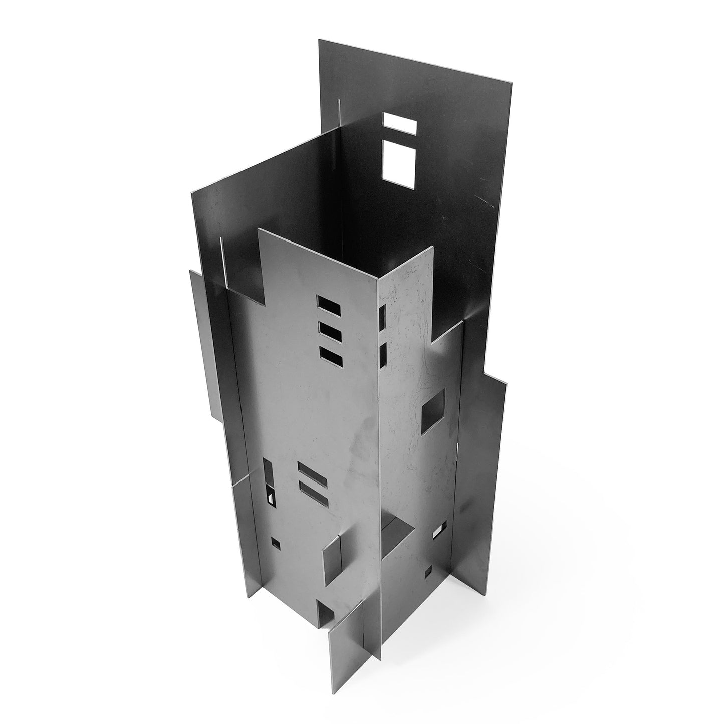 Large simplified version of Cityscape, an architectural steel sculpture that can double as a table lamp