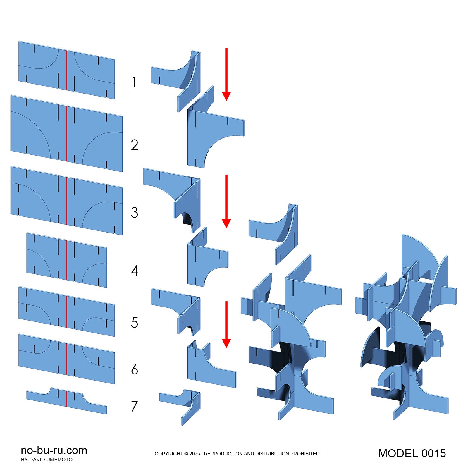 Step-by-step assembly diagram of a paper tree model with numbered parts on a white background.