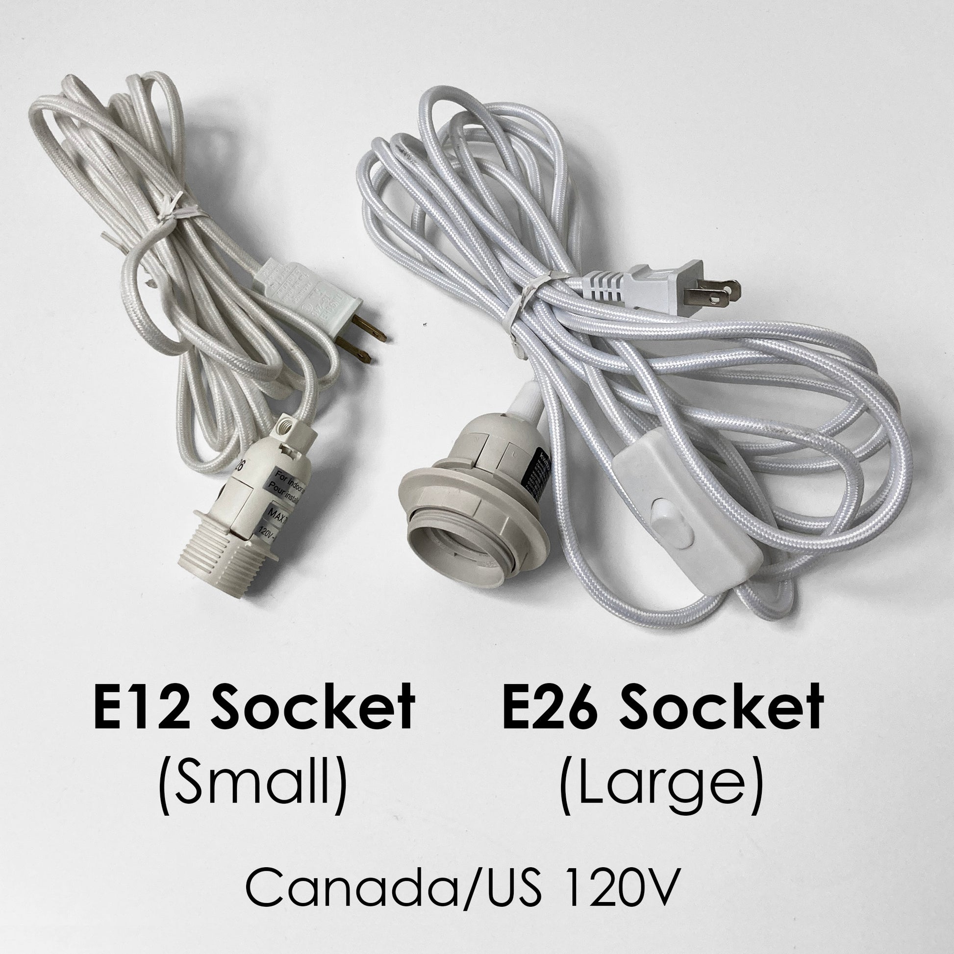E12 and E26 light socket cords with inline switches displayed on a plain white background.