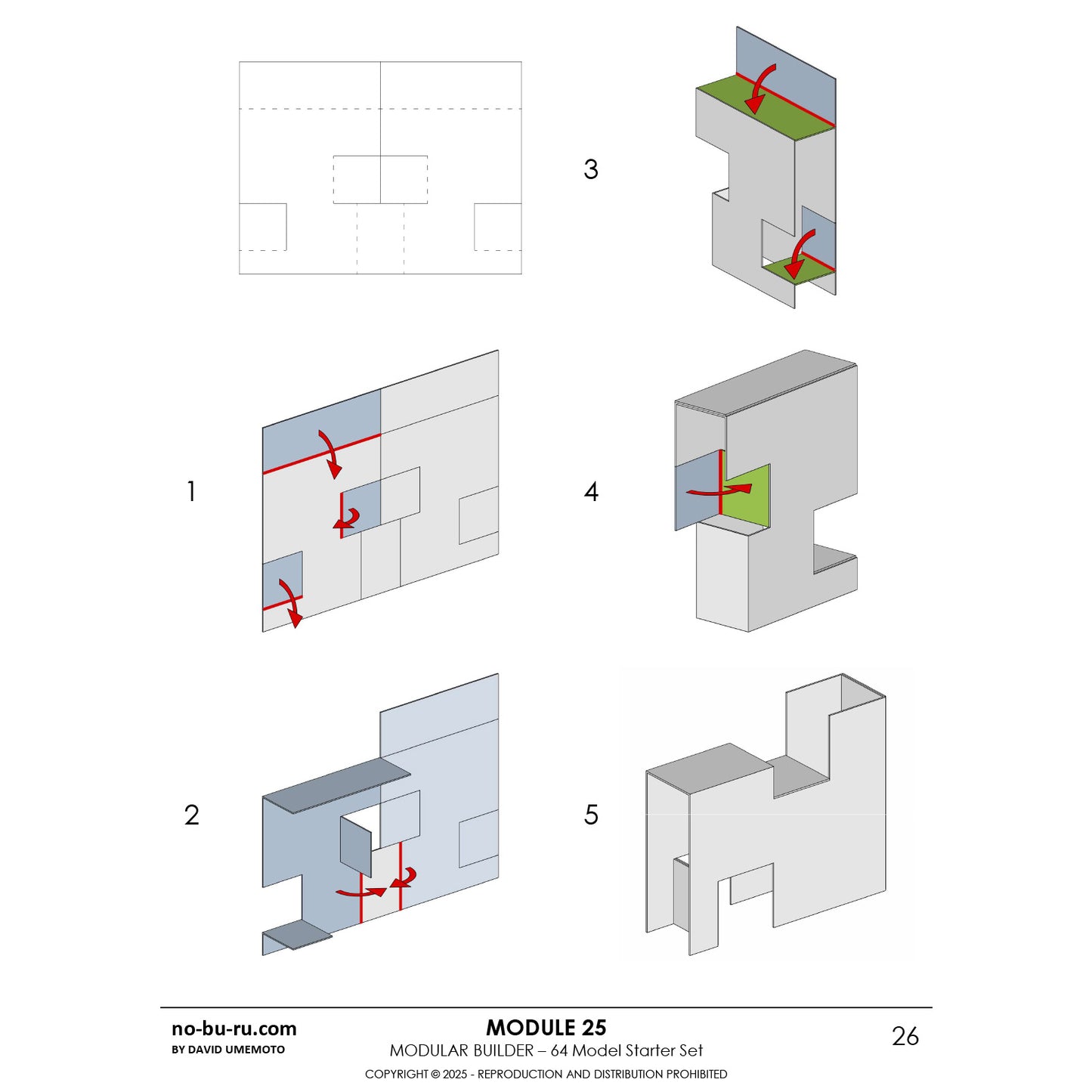 Modular building kit assembly diagram with labeled steps on a white background