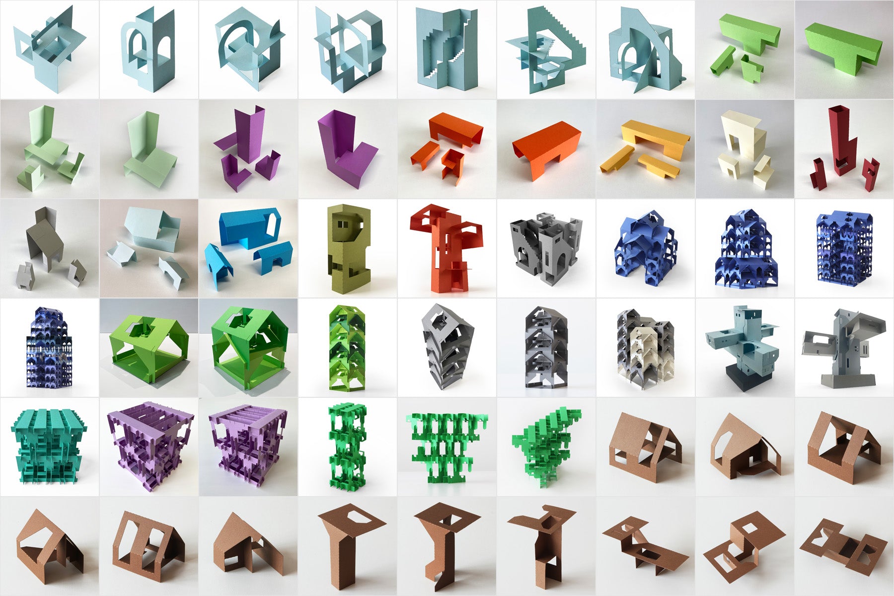 Collection of colorful 3D folded geometric paper shapes arranged in a grid.