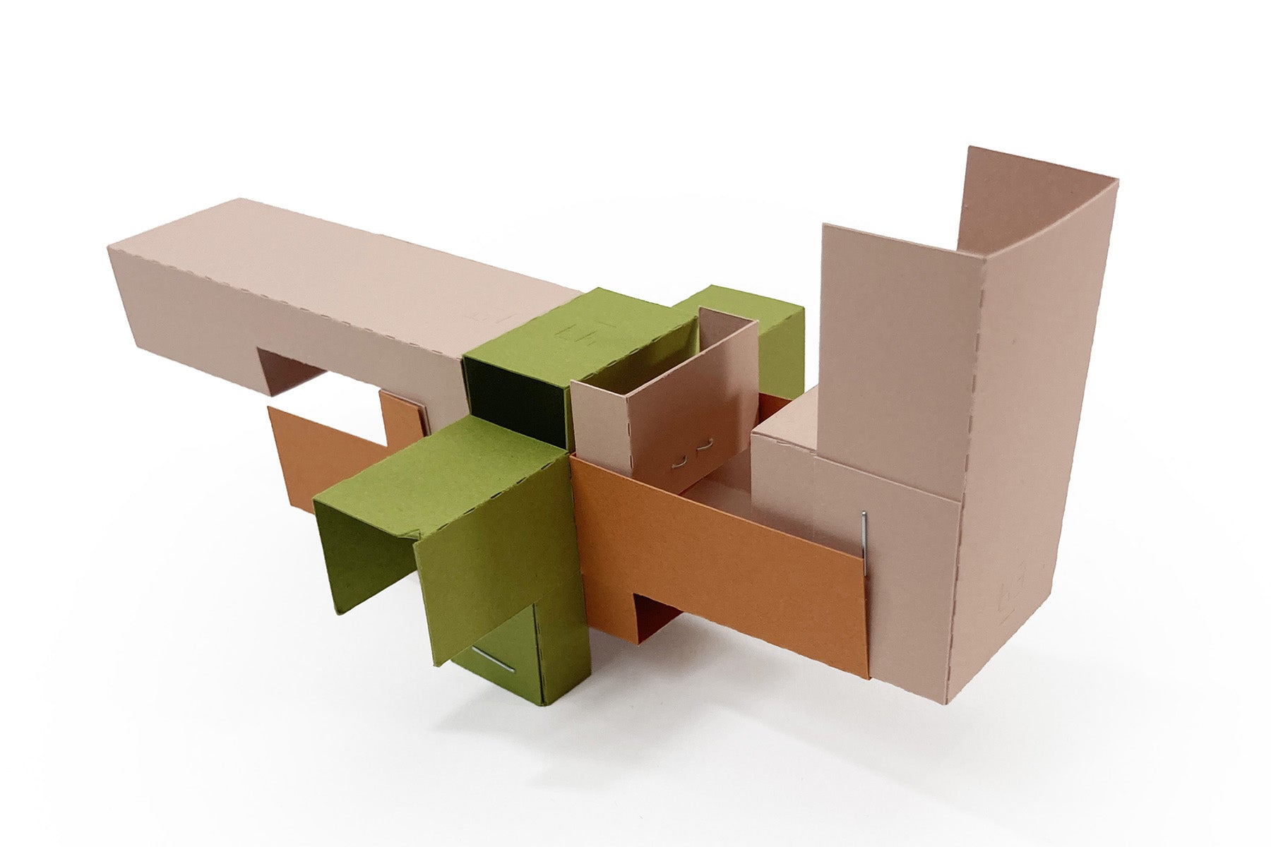 Colorful geometric cardboard creature made from interlocking pieces on a white background