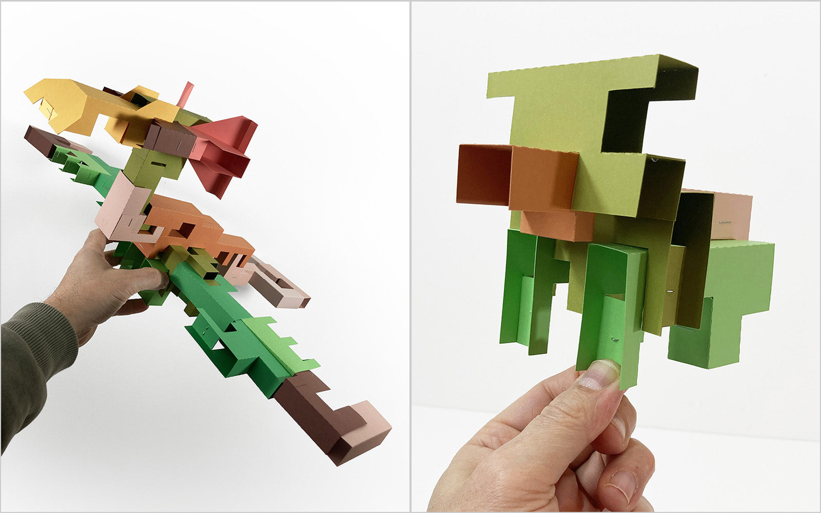 2 colorful paper folded modular animals a bird or dragon like flying animal and a 4 legged mammal
